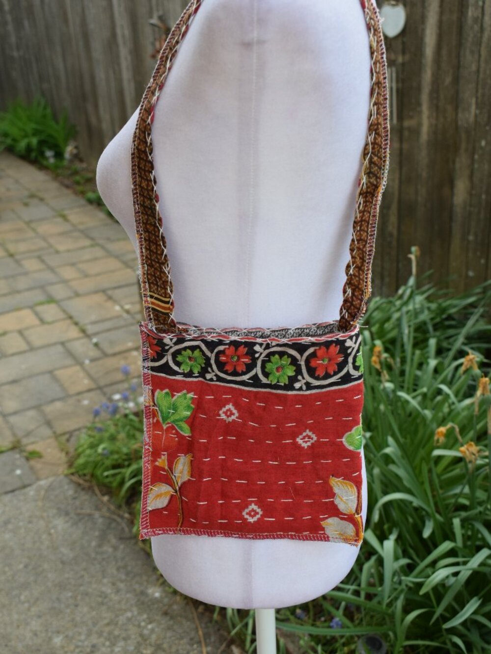 New! Red Floral Handmade Upcycled Kantha Colorful Small Phone Holder Bag